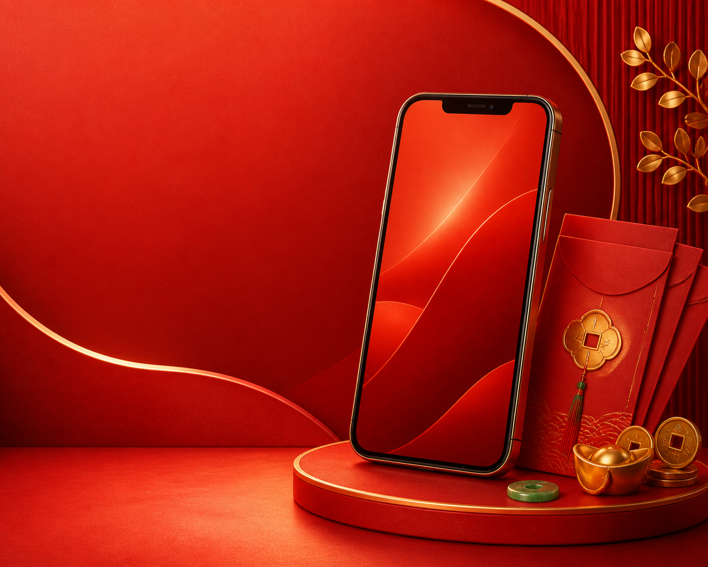 Visual 1angpao App dengan telefon Android, butang APK download, sampul merah dan syiling emas