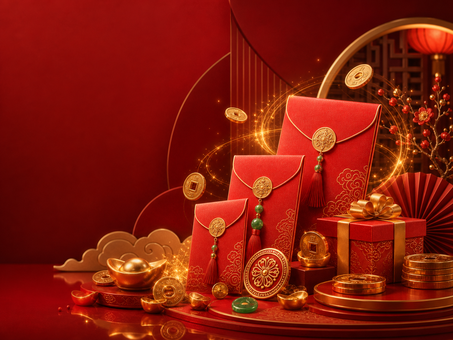 Visual 1angpao Bonus dengan sampul merah, hadiah, syiling emas, telefon dan cahaya jackpot