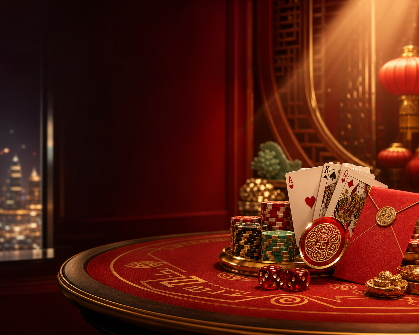 Visual 1angpao Casino dengan meja merah, kad, cip emas, roulette dan suasana lobi premium