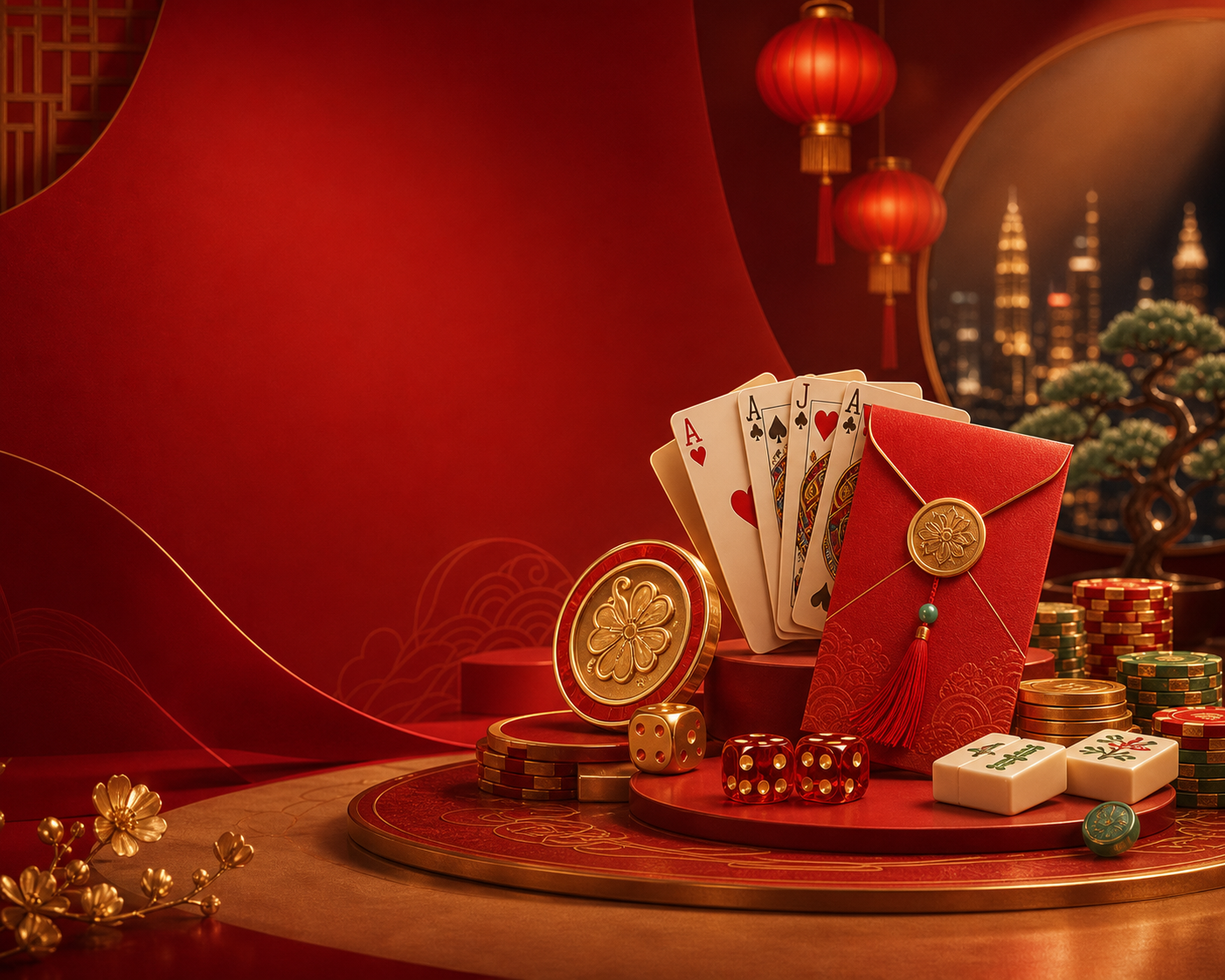 1angpao Games visual with cards, reels, gold coins, red packets and a mobile screen