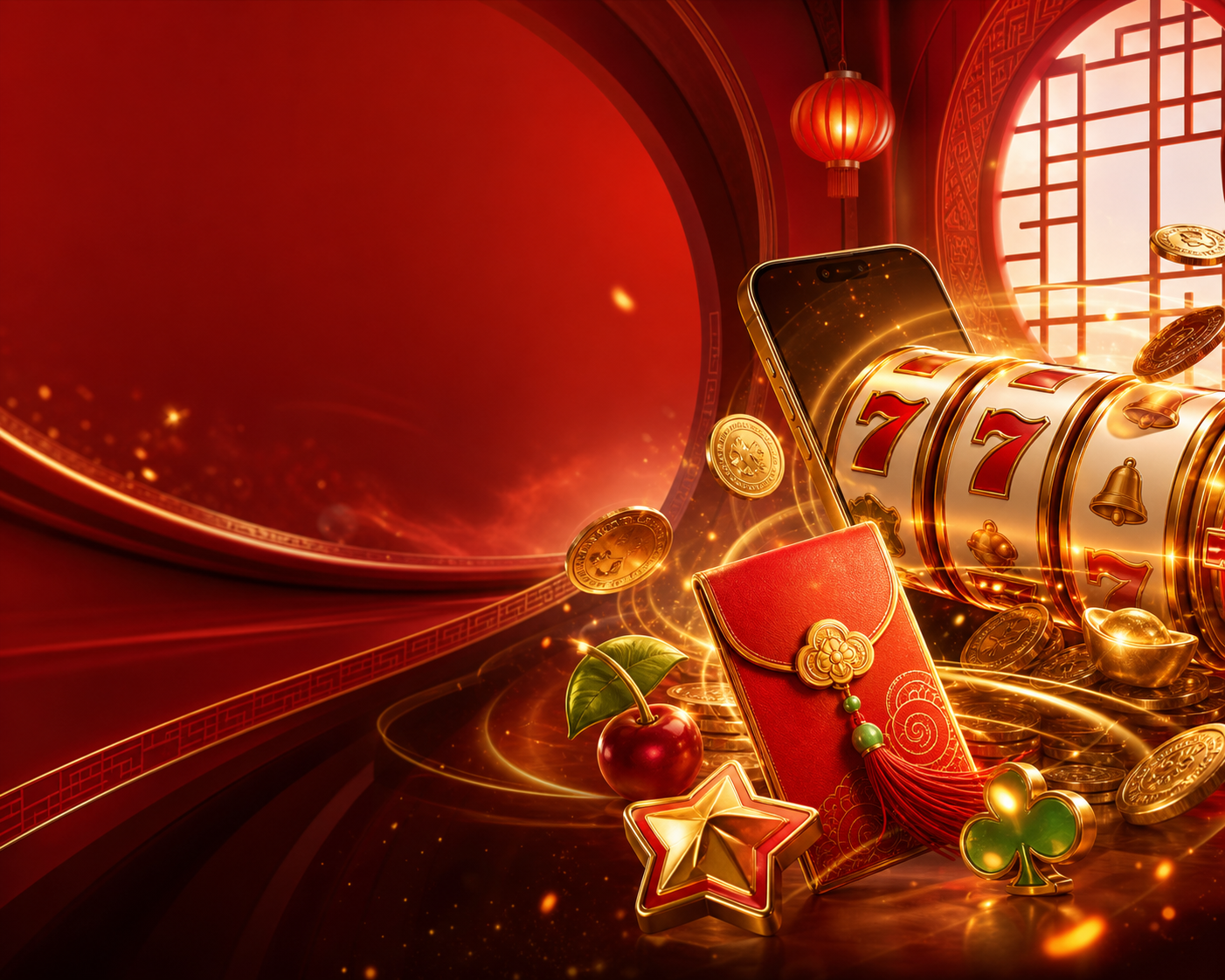 Visual 1angpao Slots dengan reels emas, simbol jackpot, sampul merah dan telefon Android